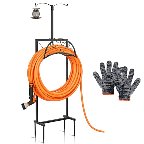 Hose Holder with Double-Ear Hooks and Free Gardening Gloves, Garden Hose Holder,Heavy Duty Metal Build, Hose Holders for Outside, Outside Hose Rack for Yard Lawn Patio, Black
