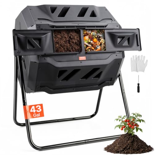 VEVOR Compost Bin, 43-Gal Dual Chamber Composting Tumbler, Large Tumbling Rotating Composter with 2 Sliding Doors and Steel Frame, BPA Free Composter Bin Tumbler for Garden, Kitchen, Yard, Outdoor
