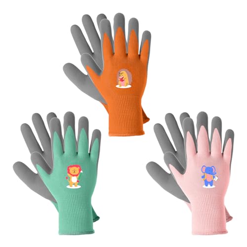 MIG4U Kids Gardening Gloves 3 Pairs, Rubber Coated Yard Work Gloves Waterproof Durable for Boys and Girls - color: Macaroon, size: X-Small
