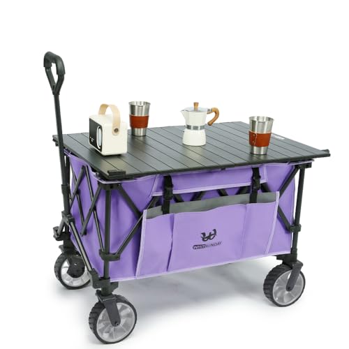 Whitsunday Folding Collapsible Utility Wagon, 400Lbs Heavy Duty Outdoor Park Beach Wagon with Table and Side Pocket for Garden Camping Sports Shopping Purple - color: Purple