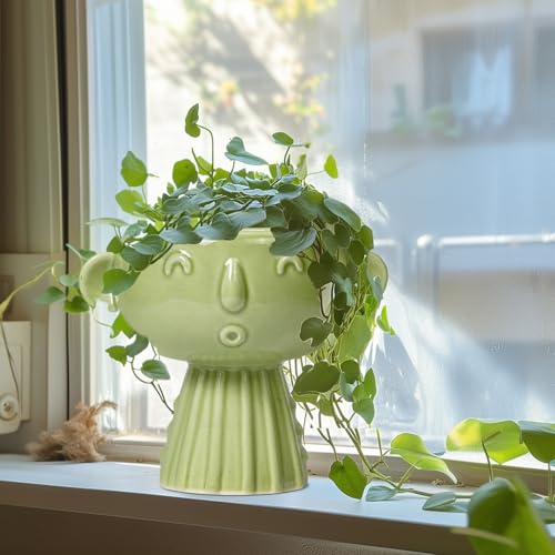 Face Planter Pot - 7 Inch Ceramic Head Planter for Indoor Plants Outdoor, Cute Succulent Flower Pots with Drainage Hole, Room Home Garden Decor, Gardening Gifts, Green - color: Green-girl