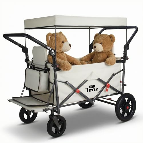 TMZ Collapsible Wagon with 2 Foldable Seats, Folding Wagon with Canopy, Multi Functional Cart with Adjustable Handle Bar, Front Expandable for Transport Camping (Beige) - color: Beige