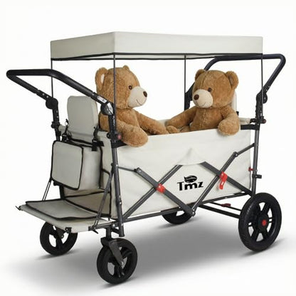 TMZ Collapsible Wagon with 2 Foldable Seats, Folding Wagon with Canopy, Multi Functional Cart with Adjustable Handle Bar, Front Expandable for Transport Camping (Beige) - color: Beige