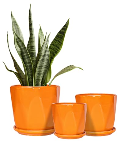 Ceramic Plant Pots Set of 3, Indoor Planter with Drainage Holes and Saucers - color: 2-orange
