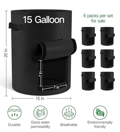 6-Pack 15 Gallon Potato Grow Bags – Durable Nonwoven Fabric Planters with Reinforced Handles | Reusable Garden Containers for Potatoes, Vegetables (Black, 15 Gallons/6 Pack) - size: 15 Gallons/6 pack