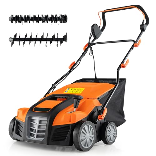 Goplus 2-in-1 Scarifier and Lawn Dethatcher, 16-Inch 15A Corded Electric Dethatcher w/ 14.5-Gal Collection Bag, 3-Position Height Adjustment & 5-Position Depth Adjustment, for Grass Garden Yard - color: Orange, size: 16-Inch, 15-Amp Corded