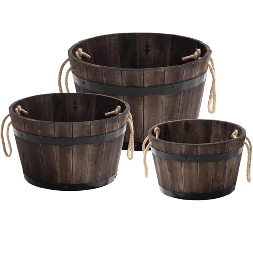 Set of 3 Wooden Flower Boxes Outdoor, Durable Acacia Wood Barrel Planters for Outdoor Plants with Ergonomic Handles, Drainage Holes, Multiple Sizes Wood Bucket Planter for Home Décor - color: Dark Brown_round Wood Planter Pots_rope Handle