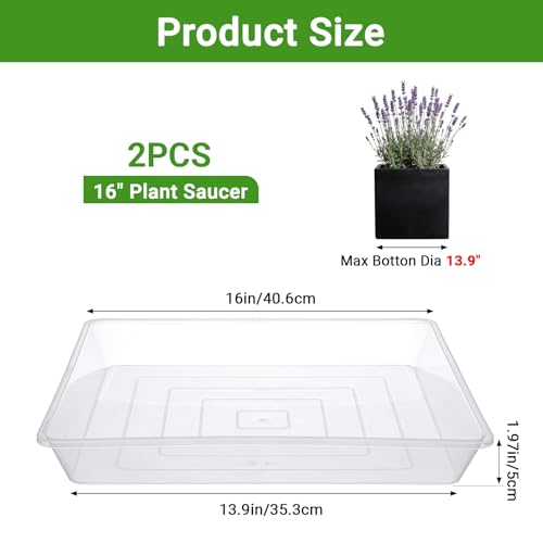 Greaner 16 Inch Large Square Tray, Clear Drip Trays for Potted Plants-Fits 12-13 Inch Pot Bottom, Planter Plates to Catch Water for Indoor & Outdoor(2 Packs) - color: Clear, size: 16 Inch