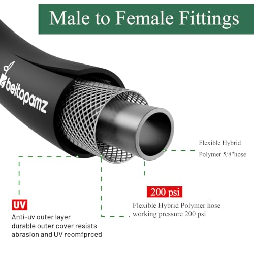 Beitopamz 100 ft Garden Hose, 5/8 in Heavy Duty Water Hose, Flexible and Durable, Lightweight Rubber Hybrid Hose, Leak-Free Connections, Male to Female 3/4'' Brass Fittings for Patio, Lawn, Black - size: 100ft Male to Female