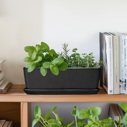 SQOWL Rectangle Planter - 10 Inch Ceramic Plant Pots with Drainage Hole and Saucer, Rectangular Succulent Planters for Indoor Plants, Flower Cactus Herb Pots Outdoor, Room Decor, Garden Gifts, Black