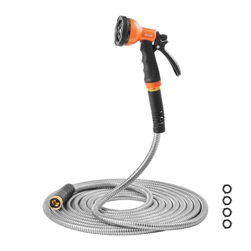 VEVOR Garden Hose Metal 100FT – Heavy Duty Stainless Steel Water Hose, Flexible, No Kink & Tangle, Puncture Resistant & Rust Proof, Lightweight w/ 10-Function Spray Nozzle for Yard, Outdoor, Gardening - size: 100 ft with 10 Function Spray Nozzle
