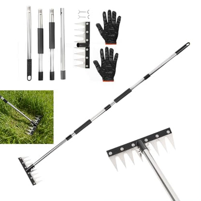 Weed Puller Tool with Long Handle, 3-in-1 Weeding Rake and Weed Remover Tool for Yard, Gardening Long Handle Weeding Tools, Stainless Steel Adjustable Handle, Ergonomic Grip