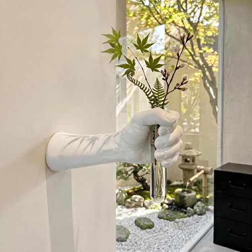 Wall Mounted Hand Vase with Glass Tube, Modern Resin Hand Flower Vase for Dried Flowers & Fresh Blooms, Nordic Minimalist Sculpture for Living Room Bedroom Bathroom Entryway Decor, White