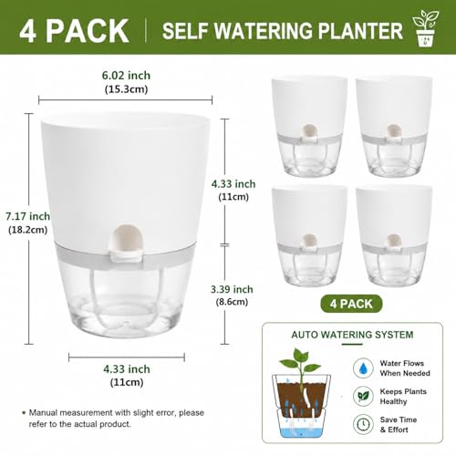 6 Inch Self Watering Planters 4 Pack Plastic Wicking Pots White - color: 6''-4pack-white