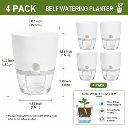 6 Inch Self Watering Planters 4 Pack Plastic Wicking Pots White - color: 6''-4pack-white