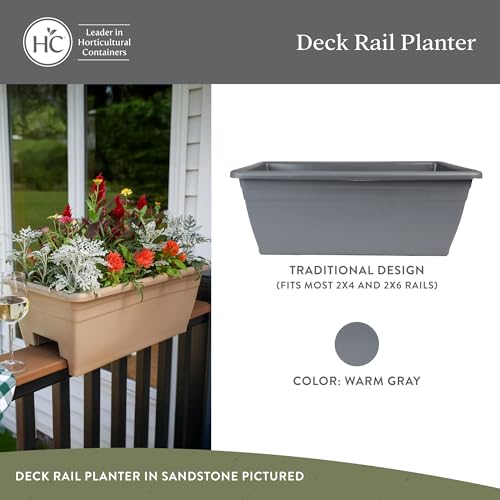 The HC Companies 24 Inch Deck Rail Planter Box with Drainage Plug, Lightweight UV-Resistant Plastic Outdoor Planters for Wood Deck Rail, Flower Box for Garden, Patio, Balcony, and Fence, Warm Gray - color: Warm Gray