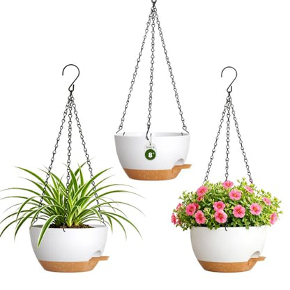 8 Inch Self Watering Hanging Planters Set of 3 with Saucers - color: White Brown, size: 8 Inch 3 Pack