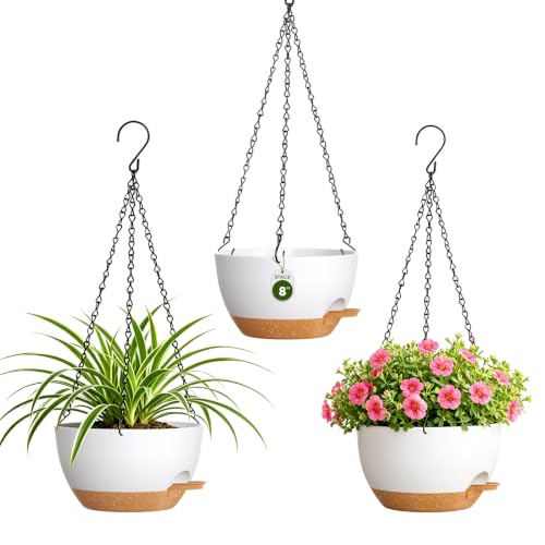 8 Inch Self Watering Hanging Planters Set of 3 with Saucers - color: White Brown, size: 8 Inch 3 Pack