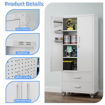 Aobabo Upgraded Metal Garage Storage Cabinet with Wheels and 2 Drawers, Lockable Rolling Tools Cabinet with Pegboards and Hooks,Assembly Required,White - color: White, size: 15"D x 30"W x 71"H-2 Drawers
