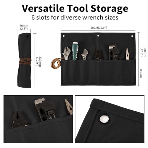 Chisel Roll,Small Tool Roll Pouch,Tool Roll Bag Organizer, Heavy Duty Waxed Canvas Tool Bag, Multi-Purpose Roll-Up Storage Bag for Hand Tools Holder with 6 Pockets Wrench Roll Up Pouch - color: Black