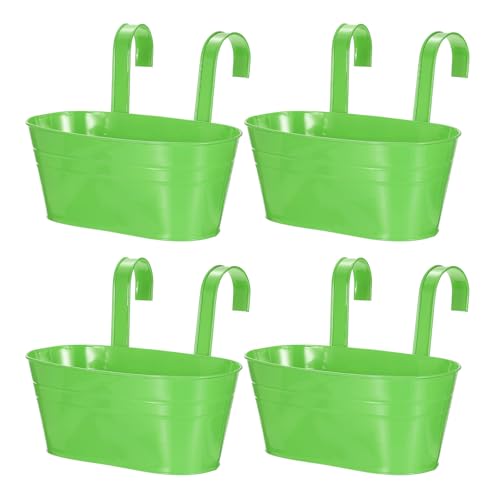 uxcell Rail Planter for Outdoor Plants, 4 Pcs 11" Iron Wall Hanging Planters Fence Railing Balcony Planters with Drainage Holes and Detachable Hooks, Dark Green - color: Green