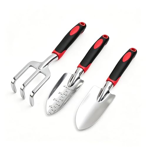 Stainless Steel Garden Tool Set，3 Pieces, Including Hand Shovel & Transplant Shovel & Hand Rake with Non-Slip Soft Ergonomic Handle (red) - color: red