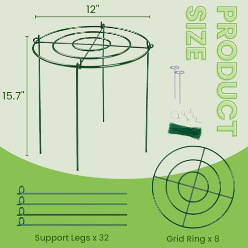 Lancisism 8 Pack Peony Cages and Supports - Heavy Duty Grow Through Metal Plant Support for Outdoor Plants - Plant Support Frame Ring for Rose Tomato Hydrangea Sage Strawberry 12" D x 16" H