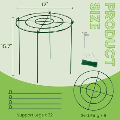 Lancisism 8 Pack Peony Cages and Supports - Heavy Duty Grow Through Metal Plant Support for Outdoor Plants - Plant Support Frame Ring for Rose Tomato Hydrangea Sage Strawberry 12" D x 16" H