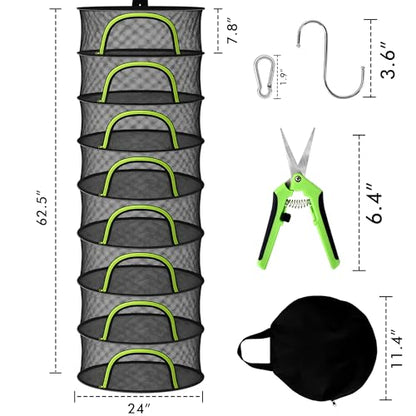 Herb Drying Rack Hanging Mesh 8 Layer 24" with Zipper, Garden Pruning Shear, Hook & Carabiner Clip for Drying Herbs, Plants, Seeds, Buds | Hydroponics & Grow Tents Herb Dryer Hanging Rack - style: 8 Layer 24"