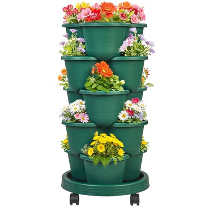 VECELO 5 Tier Vertical Garden Planter, Self Watering Stackable Planters with Wheels for Strawberries, Herbs, Flowers, Vegetables, Dark Green - color: Dark Green, size: 5 Tier