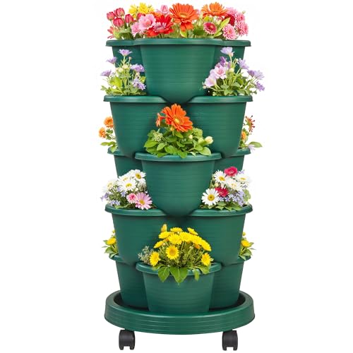 VECELO 5 Tier Vertical Garden Planter, Self Watering Stackable Planters with Wheels for Strawberries, Herbs, Flowers, Vegetables, Dark Green - color: Dark Green, size: 5 Tier