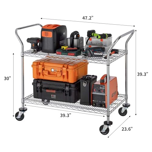 Finnhomy 2 Tier Commercial Grade Rolling Cart, Heavy Duty Utility Cart, Carts with Wheels and Handles, Kitchen Carts on Wheels, Metal Cart with 600 lbs Capacity, Shelf Size 23.6"Dx47.2"W x 39.4"H, NSF - size: 24"D x 48"W x 39.3"H