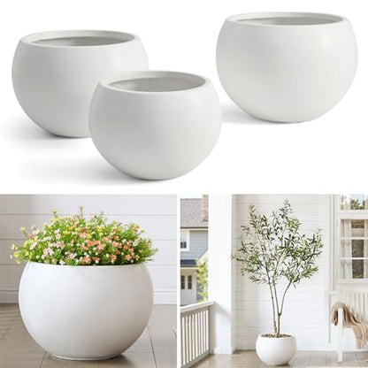 15.8"Dia x 10.9"H Fiberstone Sphere Planter, White Round Flower Pot - color: White, size: Medium
