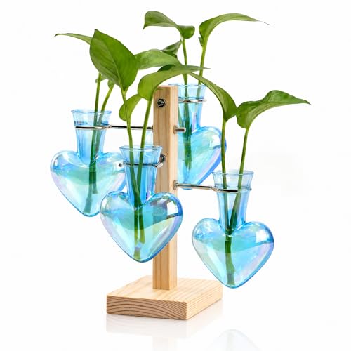 Nacome Plant Terrarium Propagation Stations: Blue Vase with Wooden Stand - color: Blue
