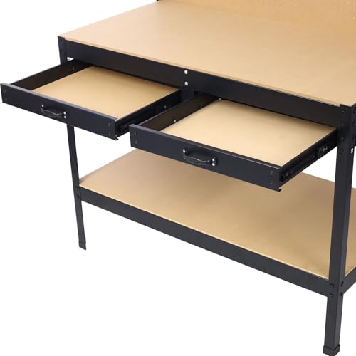 Heavy-Duty Workbench with Pegboard, Two Drawers, and LED Light, Multipurpose Garage Workstation