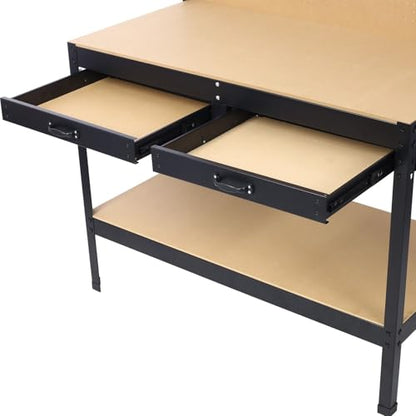 Heavy-Duty Workbench with Pegboard, Two Drawers, and LED Light, Multipurpose Garage Workstation