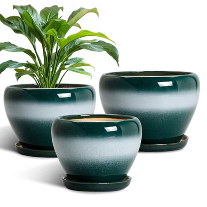 Ceramic 10+8+6 Inch Planter, Ceramic Flower Pots, Green-White - color: Green-white