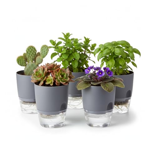 3.2 Inch Self Watering Planters 5 Pack Plastic Wicking Pots Grey - color: 3.2''-5pack-grey