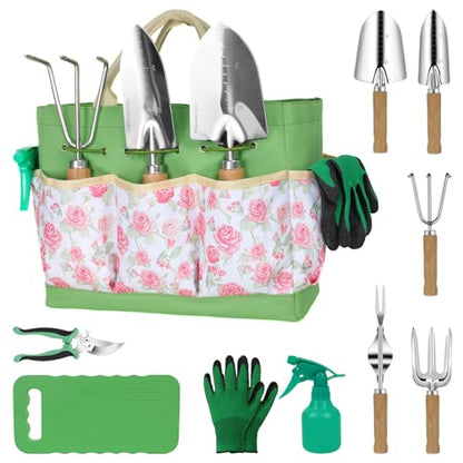 LeMotech Garden Tools Set, 10-Piece Heavy Duty Garden Hand Tools Kit with Wooden Handle, Durable Organizer Bag for Garden Supplies, Gardening Gifts for Women Grandmother, Pink Floral Pattern - style: Pink Floral Garden Bag