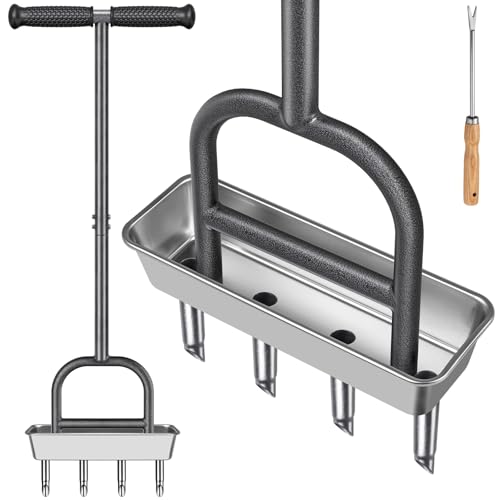 Dolibest Lawn Coring Aerator, Manual Lawn Aerator,4 Stainless Steel Corer Plug Aerator with Soil Core Storage Tray, Pre-Assembled Manual Grass Aerating Tool & Clean Hand Tool, Improving Lawn Health - color: B: 4 Plugs Coring Aerator with Storage Tray