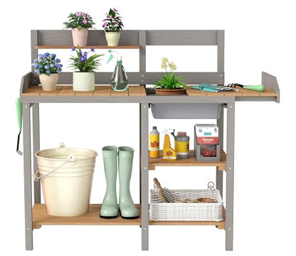 Wooden Potting Bench Table with Sink,Outdoor Garden Table Work Bench with Shelf, Workstation for Outside Lawn Patio - size: 17"x41"x43.5" w/Shelf