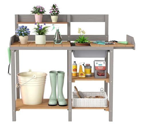 Wooden Potting Bench Table with Sink,Outdoor Garden Table Work Bench with Shelf, Workstation for Outside Lawn Patio - size: 17"x41"x43.5" w/Shelf