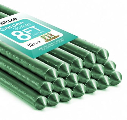 Garden Stakes 8FT, Plastic Coated Steel Plant Stakes Specifically Designed for Climbing Plants, Ideal for Tomatoes, Beans, Cucumbers, Peppers, Vines, and More Plant Growth - size: 8FT, 10 of pack