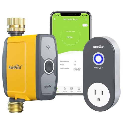 RAINPOINT WiFi Water Timer, Smart Hose Timer for Garden Hose, WiFi Irrigation Controller, Smart Sprinkler System Valve, APP & Voice Control, Weather-Based Automatic Rain Delay, Brass Inlet & Outlet - style: Timer with WiFi Hub