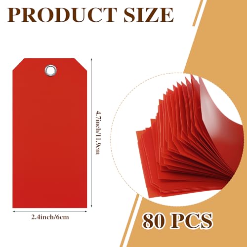 80 Pcs Plastic Tags with Wire for Labeling, Waterproof Blank Shipping & Price Tags Bulk with Metal Eyelet and String, 4.7"x2.4" for Home Office Warehouse Farm Garden Luggage (Red) - color: Red