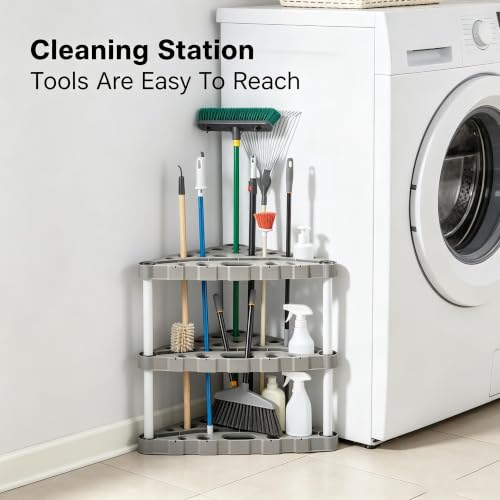 Corner‑Fit Garage Tool Storage Tower, Holds Up to 30 Long‑Handle Tools, Black Resin Organizer, Tool‑Free Assembly, Stable Freestanding Garden Rack