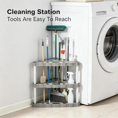 Corner‑Fit Garage Tool Storage Tower, Holds Up to 30 Long‑Handle Tools, Black Resin Organizer, Tool‑Free Assembly, Stable Freestanding Garden Rack