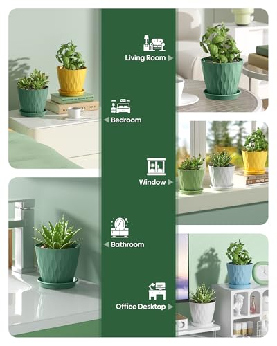 6 Pack Plant Pots with Drainage Holes, 4 Inch Plastic Indoor Flower Pots, Succulent Pots for Orchids, Violets, Succulents, Herbs and Other Small Plant, White - color: White