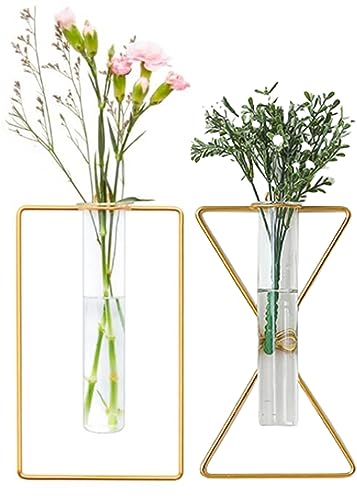 2 Pack IvyMei Luxurious Nordic Gold Wall Vase Metal Frame Glass Tube - color: Gold 5