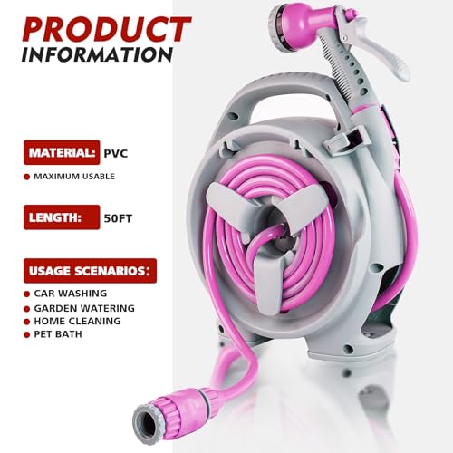 50FT Retractable Garden Hose Reel, Lightweight & Portable Hose Reel with 6 Patterns Spray Nozzle, Suitable for US Standard Hose Connection - color: Light Pink